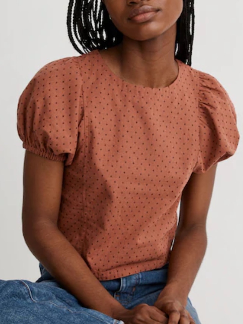 Madewell Jacquard Puff-Sleeve Cotton Cropped Top in Micro Cross size 4